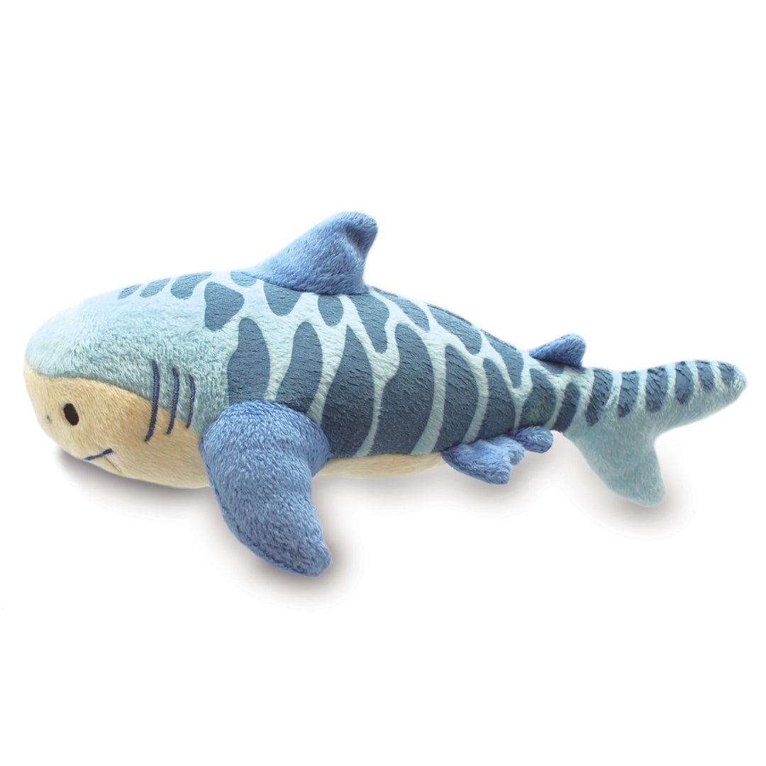 Blue and gray striped shark plush toy on a white background
