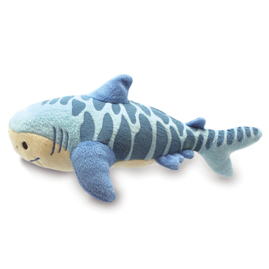 Blue and gray striped shark plush toy on a white background