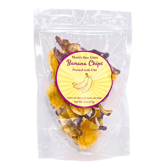 Packaged banana chips with a label on a white background