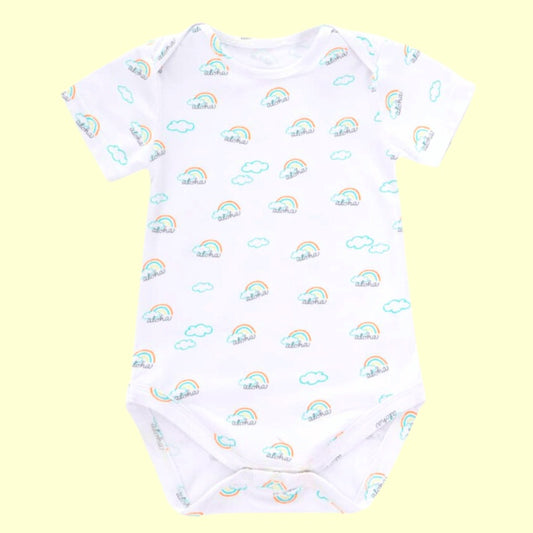 White baby onesie with rainbow and cloud pattern on a yellow background
