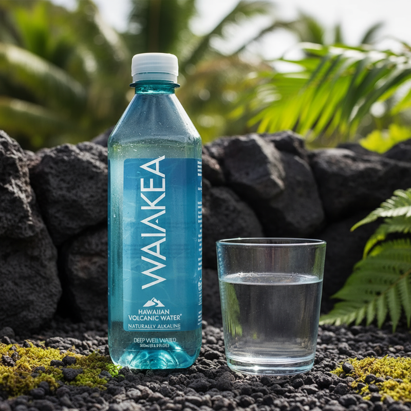 Waiakea Hawaiian Volcanic Water bottle in a hawaiian garden