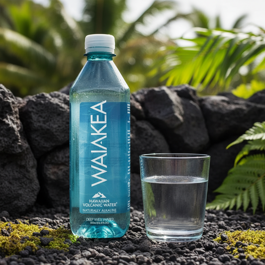 Waiakea Hawaiian Volcanic Water bottle in a hawaiian garden