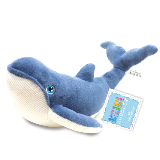 Blue plush whale toy with a Kuddles tag on a white background