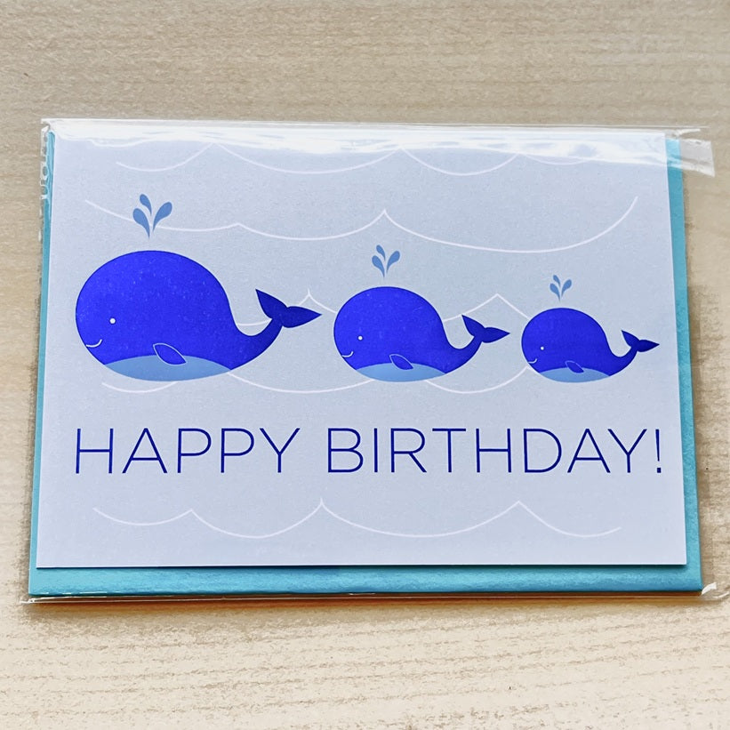 Birthday card with blue whales and 'Happy Birthday!' text on a beige background